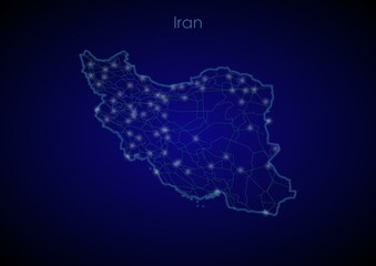 Iran concept map with glowing cities and network covering the country, map of Iran suitable for technology or innovation or internet concepts.