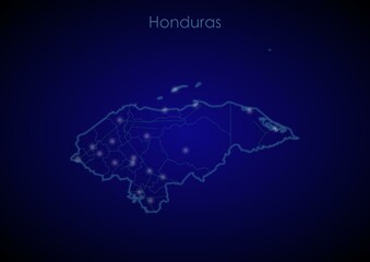 Honduras concept map with glowing cities and network covering the country, map of Honduras suitable for technology or innovation or internet concepts.