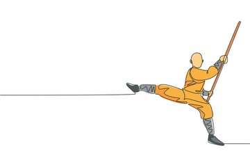One single line drawing of young energetic shaolin monk man exercise kung fu fighting with stick at temple vector illustration. Chinese martial art sport concept. Modern continuous line draw design