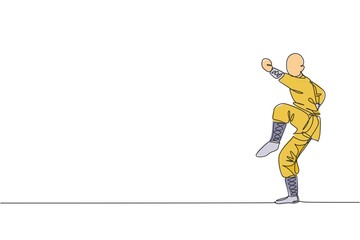 Single continuous line drawing young muscular shaolin monk man train martial art at shaolin temple. Traditional Chinese kung fu fight concept. Trendy one line draw graphic design vector illustration