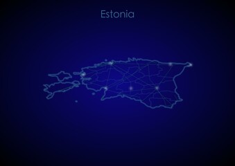 Estonia concept map with glowing cities and network covering the country, map of Estonia suitable for technology or innovation or internet concepts.