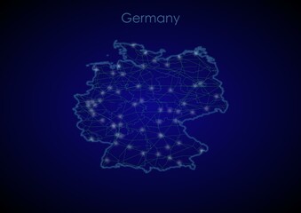 Germany concept map with glowing cities and network covering the country, map of Germany suitable for technology or innovation or internet concepts.