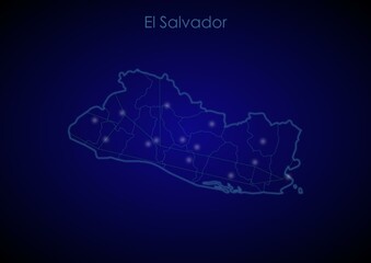 El Salvador concept map with glowing cities and network covering the country, map of El Salvador suitable for technology or innovation or internet concepts.