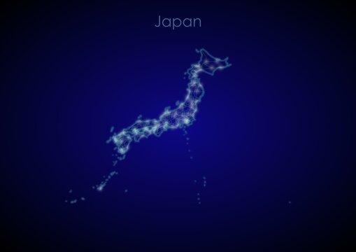 Japan concept map with glowing cities and network covering the country, map of Japan suitable for technology or innovation or internet concepts.