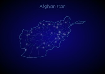 Afghanistan concept map with glowing cities and network covering the country, map of Afghanistan suitable for technology or innovation or internet concepts.