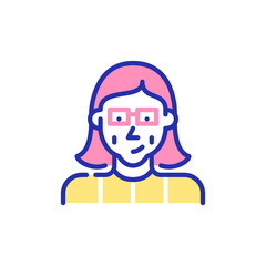 Nice smiling old lady in glasses. Pixel perfect, editable stroke fun color icon
