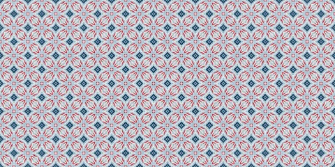 Indigo blue red batik geo nautical seamless border pattern. Modern marin geometric kaleidoscope banner. Nantucket fabric textile style. Summer rustic masculine worn linen effect edging trim tape 