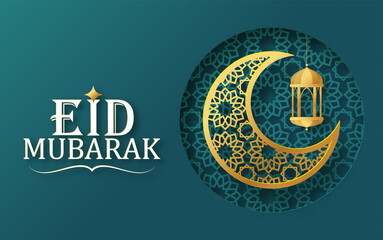 Eid Mubarak with Crescent Moon and Mosque