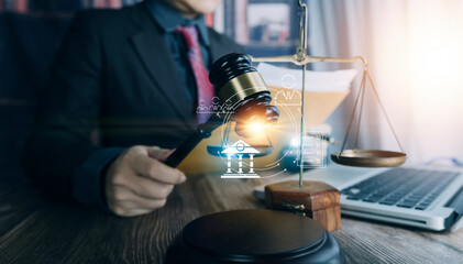 Business and lawyers discussing contract papers with brass scale on desk in office. Law, legal services, advice, justice and law concept picture with film grain effect