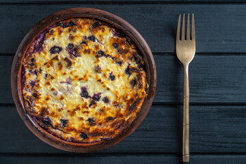 Cottage cheese casserole baked with blueberry, close up. Curd casserole with berries