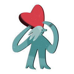 Modern character in watches holding a huge heart under a head. Likes, cardio disease awareness, waiting of love concept.