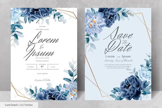 Elegant Watercolor  Floral Frame Wedding Stationery with Navy Blue Flower and Leaves