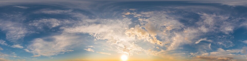 Blue sunset sky panorama with puffy Cumulus clouds. Seamless hdr pano in spherical equirectangular format. Complete zenith for 3D visualization, game and sky replacement for aerial drone 360 panoramas