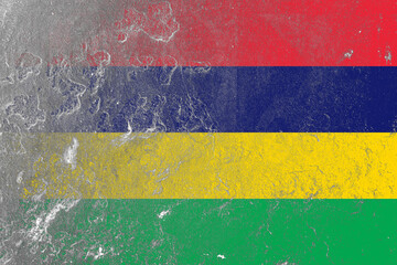 Mauritius flag painted on a damaged old rustic concrete wall surface