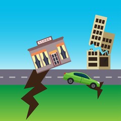 Obraz premium Crack in the ground with a store , a block of flats and a car falling, earthquake concept