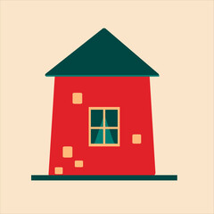 Cute red country house, cottage building modern cartoon vector illustration, isolated on beige. Cozy outdoor place to live.