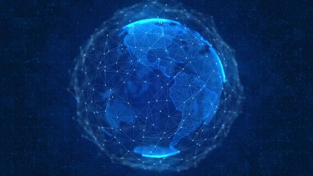 4K Digital world Particle Earth Hologram Technology Concept Loop Animation. Futuristic Business Global Data Network Map Cyberspace Background. worldwide connections Communication network.