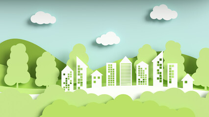 Paper landscape art style with eco-green city, the concept of saving the planet and energy. Eco-friendly city cut out of paper, 3d illustration in a flat style. © pavelvozmischev