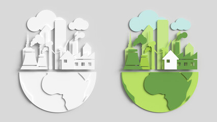 Naklejka premium Icon to save the earth and ecology in a flat style. Landscape of the city cut out of paper, 3d render.