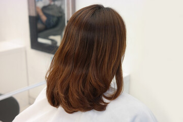 Back view of woman with brown hair in beauty salon