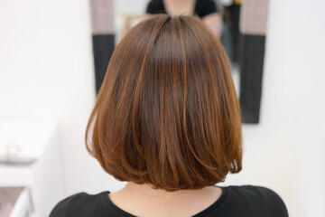 Back view of woman with brown hair in beauty salon