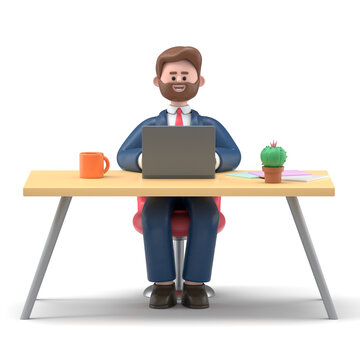 3D illustration of a smiling businessman Bob  working at the desk in modern office. Portraits of cartoon characters or freelancer using laptop,  Workplace concept. 3D rendering on white background.