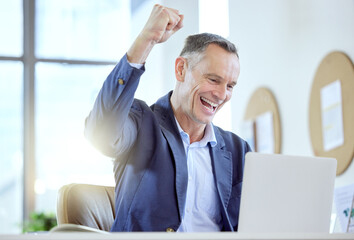 I did it. Shot of a mature businessman cheering while using a laptop in an office at work.