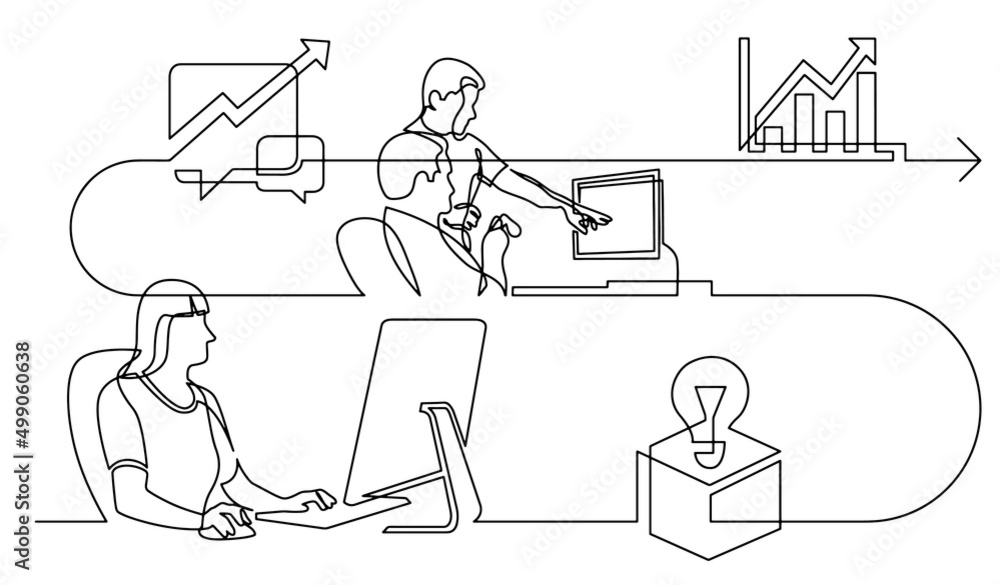 Poster business concept continuous line drawing illustration of work process in vector format