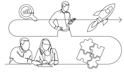 business concept one line drawing illustration of work process