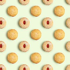 Seamless pattern with Cherry Corn Cookies for Jewish holiday Pesach on pink background.