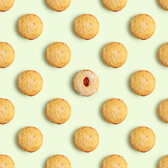 Seamless pattern with Cherry Corn flake Cookies for Jewish holiday Pesach on green background.