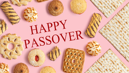Jewish holiday Pesach (Passover) greeting card with various kosher pastries and inscription: 