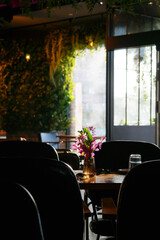 The sun shines through the windows of the restaurant, giving it an emotional feeling