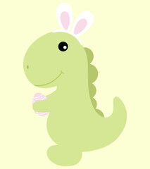 Cute dinosaur with bunny ears holding easter egg. Happy Easter. Funny and smile dinosaur.