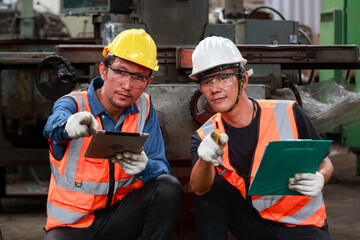 Asian male engineer team monitors and control Planning for maintenance of metalworking machines in industrial plants,