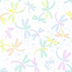 Light seamless pattern with flying cartoon dragonflies.