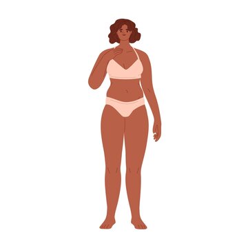 Woman in underwear with slightly fat body type. Chubby chunky female in bikini with little overweight. Happy confident curvy person in lingerie. Flat vector illustration isolated on white background