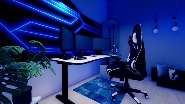 Workplace for the professional gamer in computer games, online tournaments, comfortable chair, backlit keyboard, monitors, blue  backgrounds