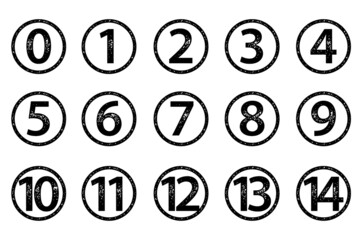 スタンプのようなテクスチャーの 丸つき数字のベクターイラスト セット (黒一色）