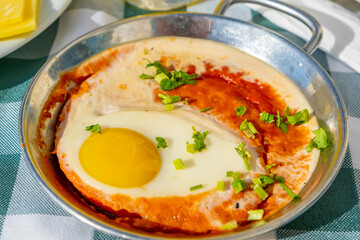 Shakshuka for Israeli breakfast. Food background.
