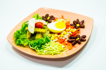 Includes salad, fruits and vegetables on a white background.