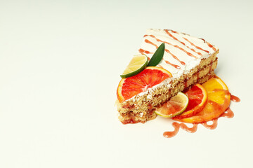 Concept of tasty food with pie with meringue, space for text