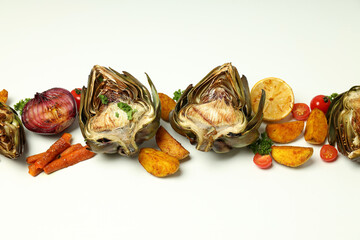 Concept of tasty food with grilled artichoke on white background