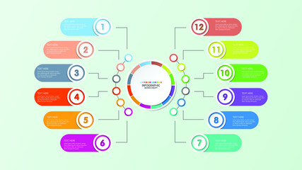 Basic circle infographic template with 12 steps, process or options, process chart, Used for process diagram, presentations, workflow layout, flow chart, infograph. Vector eps10 illustration.