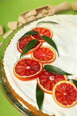 Concept of tasty food with pie with meringue, close up