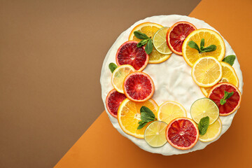 Concept of tasty food with pie with meringue, space for text