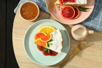 Concept of tasty food with pie with meringue, top view