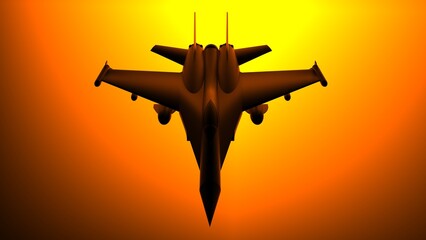 Silhouette illustration of a fighter plane against the background of the setting sun. 3D CG. 3D illustration.