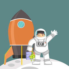 Muslim cartoon in astronaut clothes saying happy eid mubarak