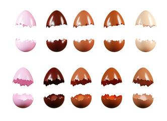 Chocolate eggs set, 3d rendering. Sweet treat for Easter. Broken chocolate eggs isolated on a white background. Chocolate candies with a surprise
